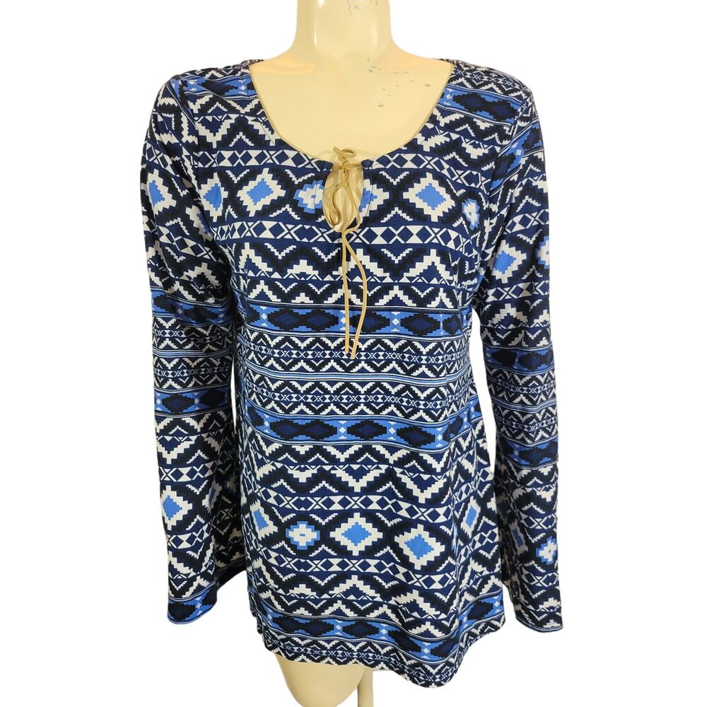 Bobbie Brooks Aztec Pullover Casual Blouse Top Blue White Geometric Large